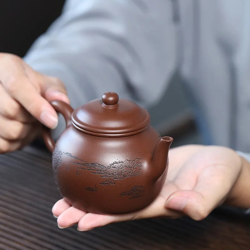 Zanghutianxia Yixing Purple Sand Pot Handmade Carved High-Grade Purple Sand Teaware Single Pot Raw Ore Purple Clay Handmade Teap