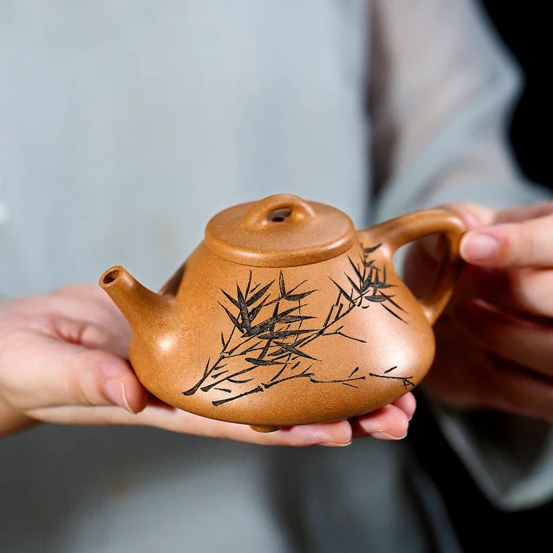 |clay pot National Engineering pure full manual clay carved tea pot tea set set Kungfu single pot Smelting Stone ladle