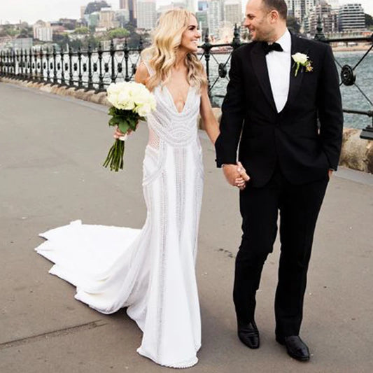 luxury mermaid wedding gowns sexy v neck cap sleeves Backless vestido de noiva boho Sweep Train romantic robe de mariee perfect