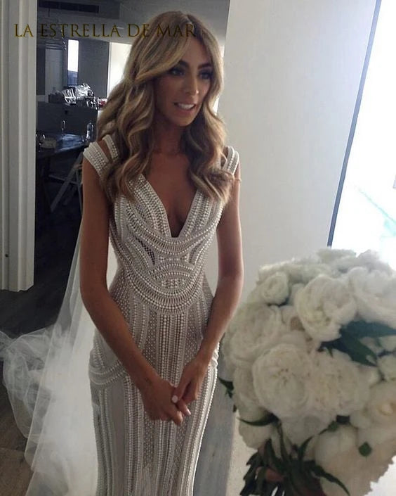 luxury mermaid wedding gowns sexy v neck cap sleeves Backless vestido de noiva boho Sweep Train romantic robe de mariee perfect