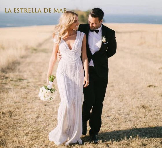 luxury mermaid wedding gowns sexy v neck cap sleeves Backless vestido de noiva boho Sweep Train romantic robe de mariee perfect