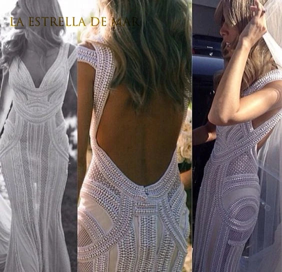 luxury mermaid wedding gowns sexy v neck cap sleeves Backless vestido de noiva boho Sweep Train romantic robe de mariee perfect