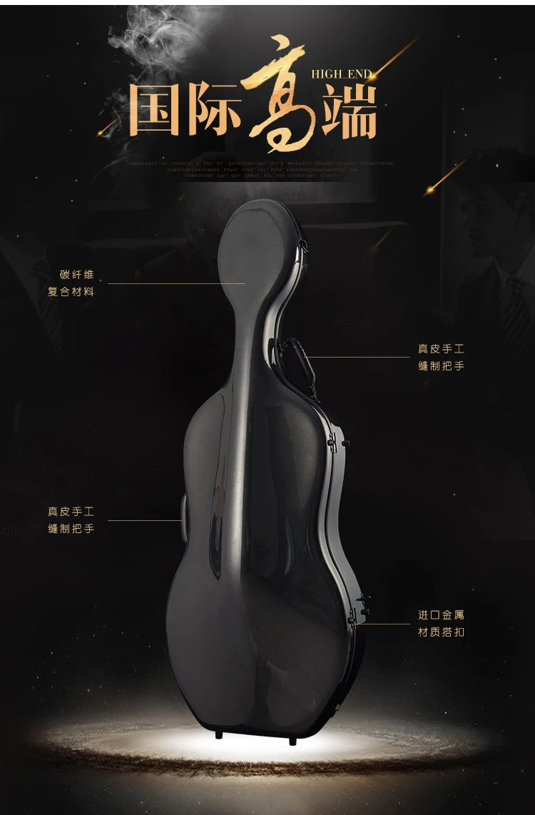 MMOOKA new full size cello case carbon fiber 4/4 high strength BLACK