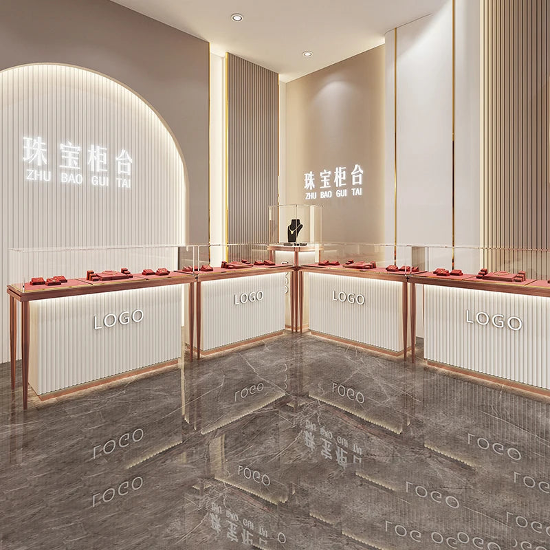 paint modern gold jewelry cabinet glass counter commercial jewelry showcase custom