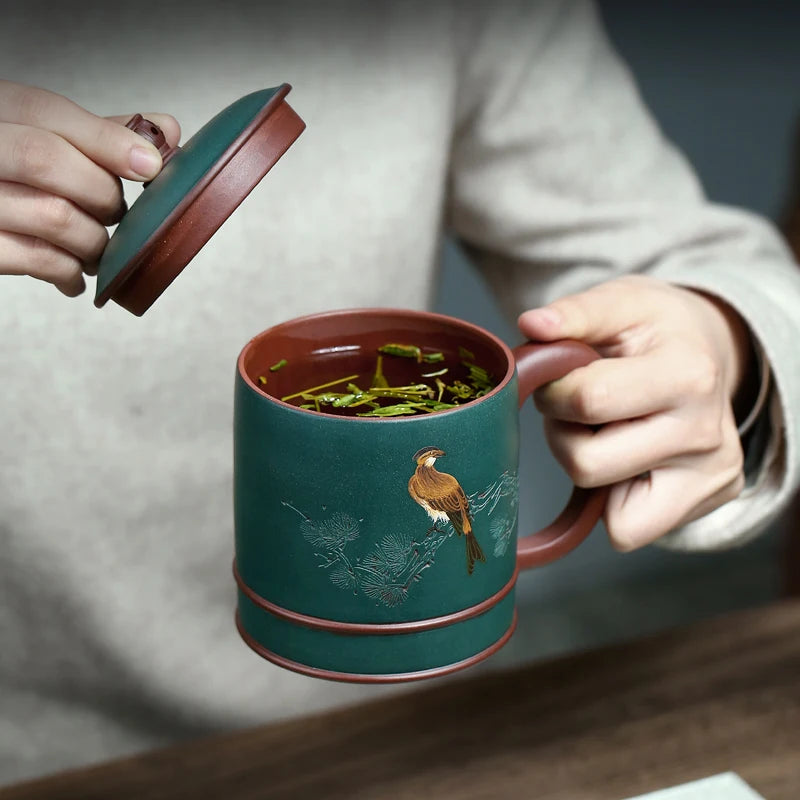 pot 】 yixing purple sand cup national expressway ChuLiQiang all hand ink chlorite batter cover cup magpie on branches