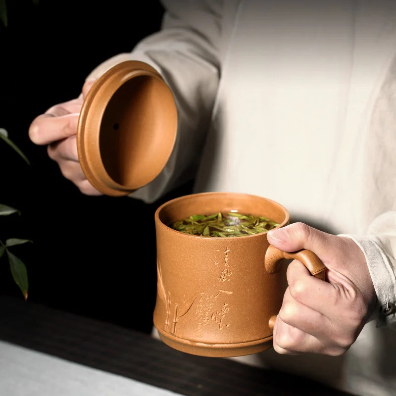 pot 】 yixing purple sand the engineering ChuLiQiang all hand gold bamboo old piece of clay model of the wind in my arms