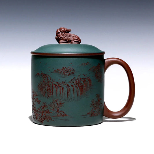 pot 】 yixing purple sand the engineering ChuLiQiang all hand painted purple clay cover cup chlorite batter landscape