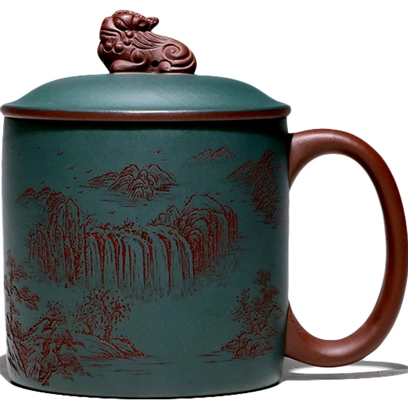 pot 】 yixing purple sand the engineering ChuLiQiang all hand painted purple clay cover cup chlorite batter landscape