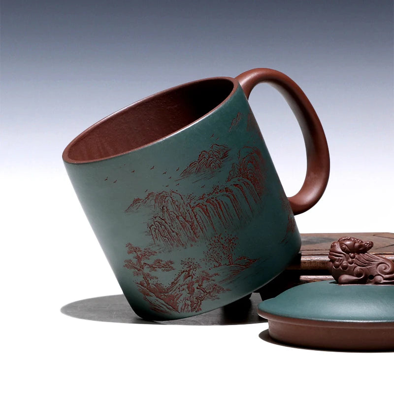 pot 】 yixing purple sand the engineering ChuLiQiang all hand painted purple clay cover cup chlorite batter landscape