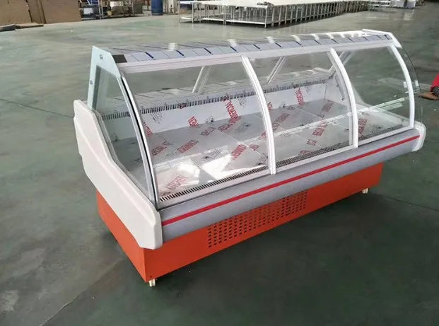 small sliding curved glass door food seafood meat cooked food display freezer cabinet