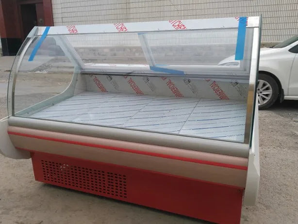 small sliding curved glass door food seafood meat cooked food display freezer cabinet