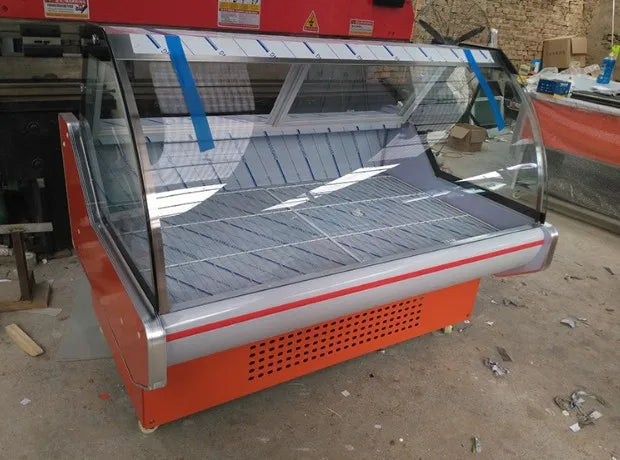 small sliding curved glass door food seafood meat cooked food display freezer cabinet