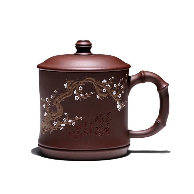 well joy pot 】 yixing purple sand cup ChuLiQiang all hand old purple clay mud painting cold plum fragrance cup 450 cc