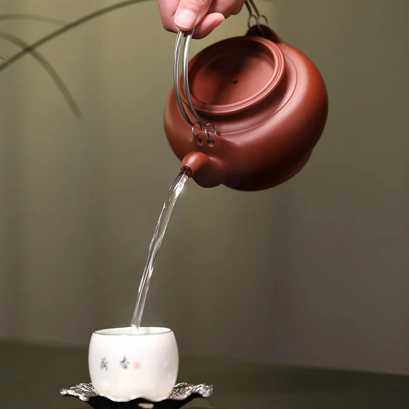 |work products] Yixing purple clay pot master pure handmade vermilion mud egg bag lifting beam, large capacity 500C