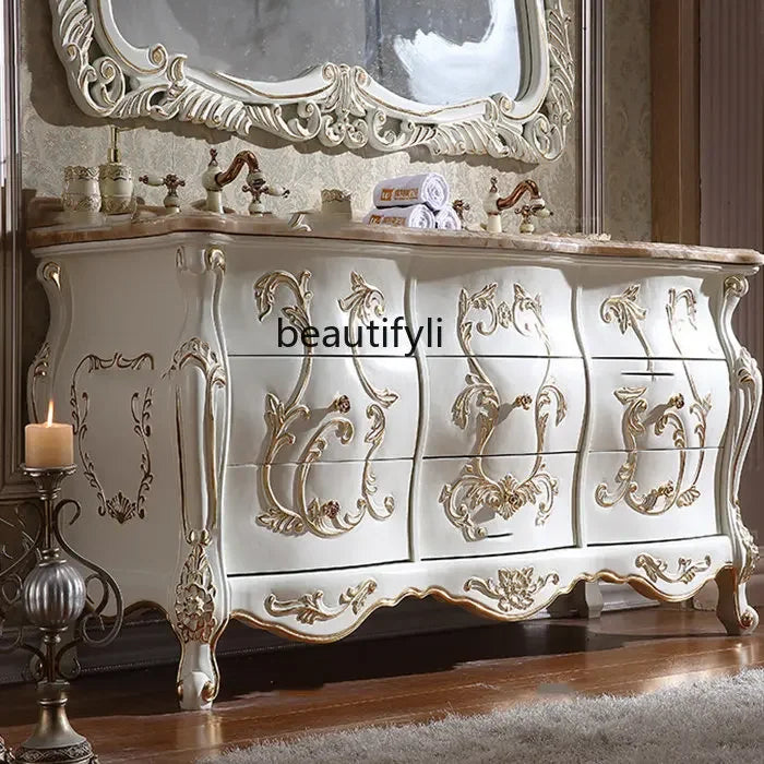 yj European-Style Bathroom Cabinet Red Oak Solid Wood Washstand American Marble Bathroom Cabinet