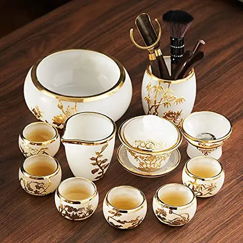 * MMOOKA Gold Inlaid Jade Glass Tea Set Complete Set Of Home Gift Box High-End (12-piece set)