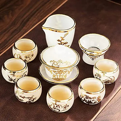 * MMOOKA Gold Inlaid Jade Glass Tea Set Complete Set Of Home Gift Box High-End (12-piece set)
