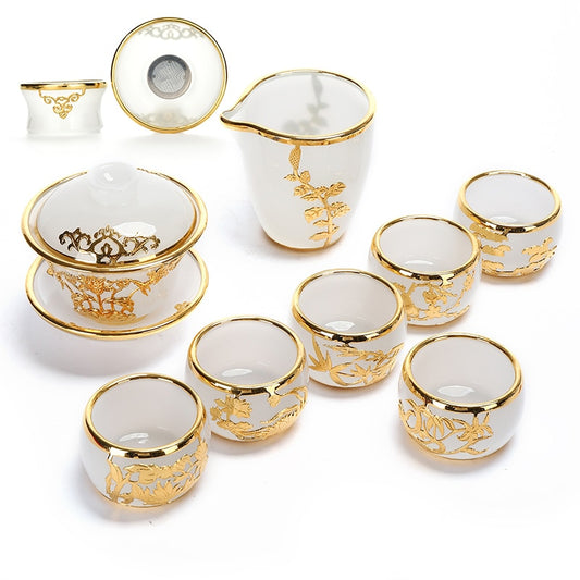 MMOOKA Gold Inlaid with Jade Glass Kung Fu Tea Set Silver Plated Cover Teacup Pitcher Complete Set Jade Porcelain Gift Box
