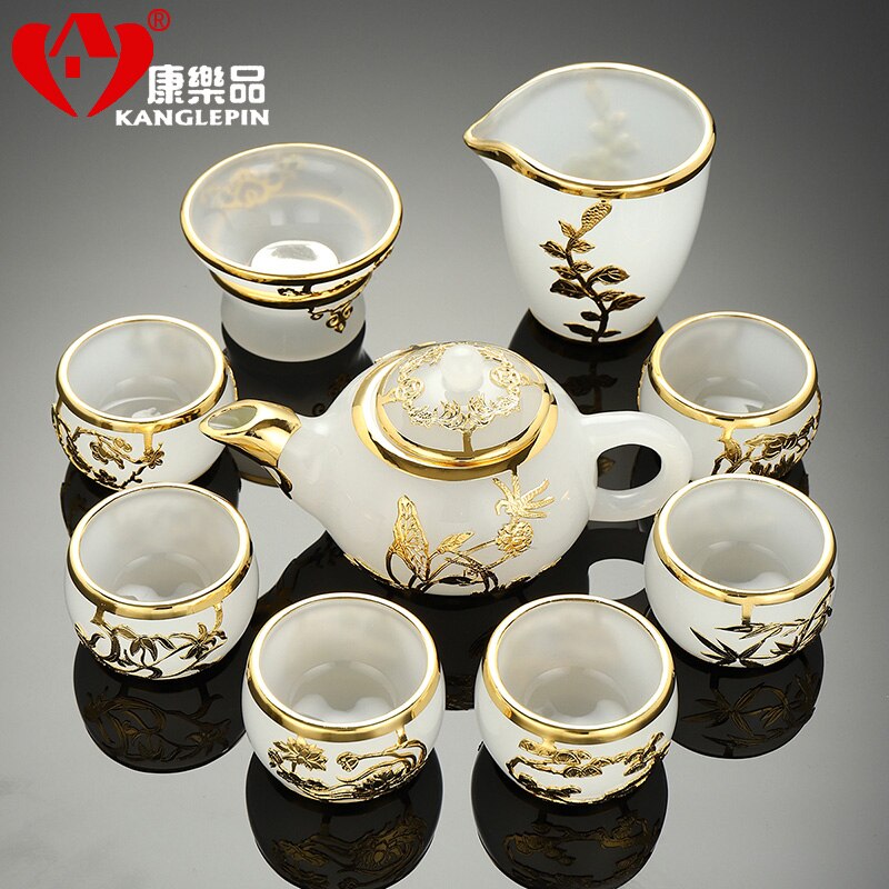 MMOOKA Gold Inlaid with Jade Glass Kung Fu Tea Set Silver Plated Cover Teacup Pitcher Complete Set Jade Porcelain Gift Box