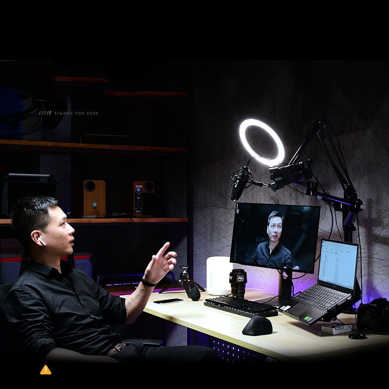MMOOKA Selfie Desktop Live Stand Set 6-in-10&quot; LED Ring Light Microphone Mount Compatible with laptop Monitor Tablet Phone
