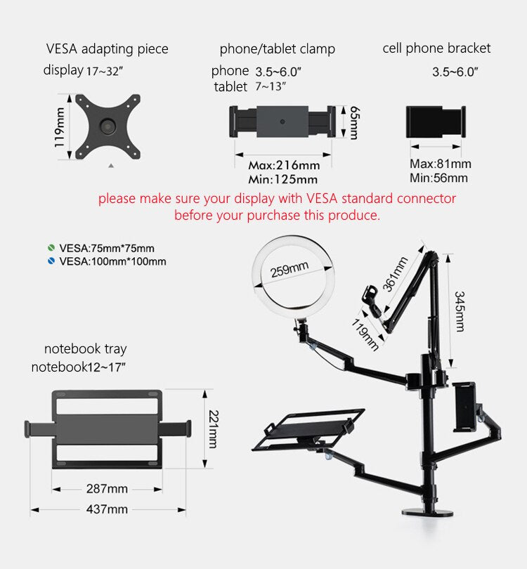 MMOOKA Selfie Desktop Live Stand Set 6-in-10&quot; LED Ring Light Microphone Mount Compatible with laptop Monitor Tablet Phone