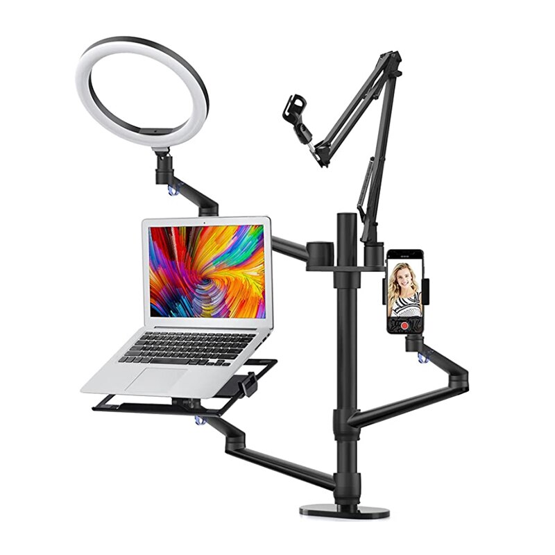 MMOOKA Selfie Desktop Live Stand Set 6-in-10&quot; LED Ring Light Microphone Mount Compatible with laptop Monitor Tablet Phone